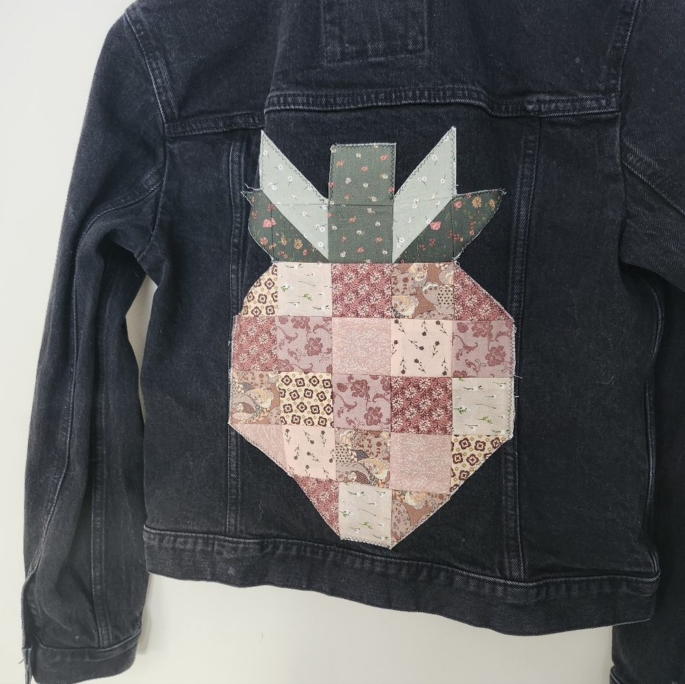 Re Worked A&F Black Denim Jacket With Strawberry Patch On Back - Picture 5 of 11
